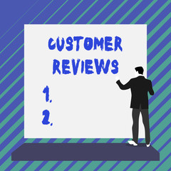 Obraz premium Writing note showing Customer Reviews. Business concept for review of product or service made by client who has used Short hair immature young man stand in front of rectangle big board