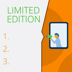 Writing note showing Limited Edition. Business concept for Work of something which is only produced in small numbers Geometrical background man chest holding megaphone speech bubble
