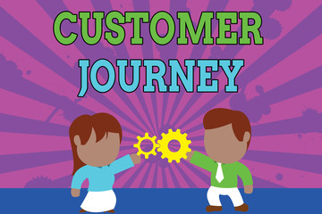 Conceptual hand writing showing Customer Journey. Concept meaning product of interaction between organization and customer Young couple sharing gear Man tie woman skirt relation