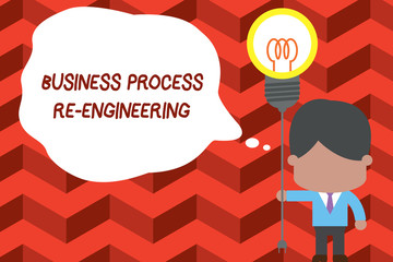 Writing note showing Business Process Re Engineering. Business concept for the analysis and design of workflows Standing man tie holding plug socket light bulb Idea Startup