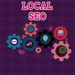 Text sign showing Local Seo. Business photo showcasing helps businesses promote products and services to local customers Set of Global Online Social Networking Icons Inside Colorful Cog Wheel Gear