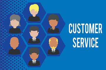 Word writing text Customer Service. Business photo showcasing process of ensuring client satisfaction with product Pictures frames chief executive and staff. Organization employees structure