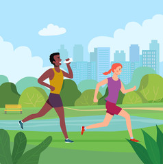 Man and woman running marathon in city park. Vector flat style Illustration.