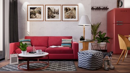 retro living room 3d rendering modern living room in townhouse3d rendering.