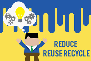 Handwriting text Reduce Reuse Recycle. Conceptual photo environmentallyresponsible consumer behavior Standing man suit hands up imaginary bubble light bulb gears working together