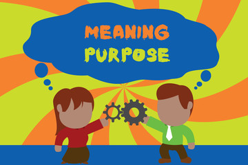 Text sign showing Meaning Purpose. Business photo showcasing The reason for which something is done or created and exists Standing young couple sharing gear. Man tie woman skirt commerce relation