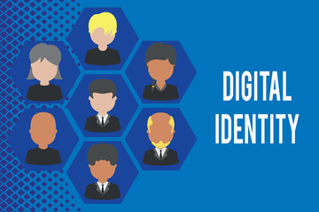 Word writing text Digital Identity. Business photo showcasing information on entity used by computer to represent agent Pictures frames chief executive and staff. Organization employees structure