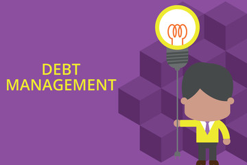 Handwriting text writing Debt Management. Conceptual photo The formal agreement between a debtor and a creditor Standing man tie holding plug socket light bulb to connect idea. Startup