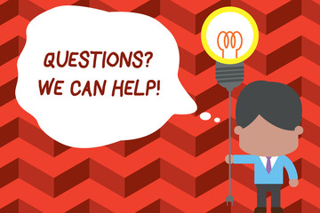 Writing note showing Questionsquestion We Can Help. Business concept for offering help to those who wants to know Standing man tie holding plug socket light bulb Idea Startup