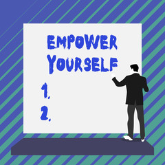 Writing note showing Empower Yourself. Business concept for taking control of life setting goals positive choices Short hair immature young man stand in front of rectangle big board