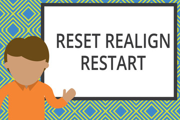 Conceptual hand writing showing Reset Realign Restart. Concept meaning Life audit will help you put things in perspectives Man standing front whiteboard pointing to project photo Art