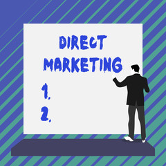 Writing note showing Direct Marketing. Business concept for business of selling products or services to public Short hair immature young man stand in front of rectangle big board