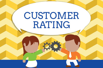 Word writing text Customer Rating. Business photo showcasing Each point of the customers enhances the experience Standing young couple sharing gear. Man tie woman skirt commerce relation