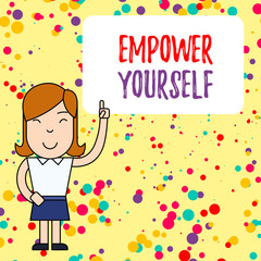 Handwriting text writing Empower Yourself. Conceptual photo taking control of life setting goals positive choices Woman Standing with Raised Left Index Finger Pointing at Blank Text Box