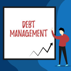 Word writing text Debt Management. Business photo showcasing The formal agreement between a debtor and a creditor View young man standing pointing up blank rectangle Geometric background