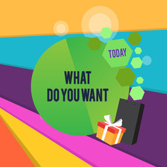 Fototapeta premium Word writing text What Do You Want. Business photo showcasing used for offering something to someone or asking their need Greeting Card Poster Gift Package Presentation Box Decorated by Bowknot