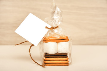 smore - cookies, chocolate and marshmallows - traditional dessert - square favor tag mockup
