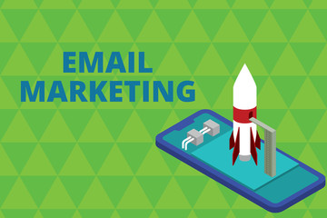 Word writing text Email Marketing. Business photo showcasing Sending a commercial message to a group of showing using mail Ready to launch rocket lying smartphone. Startup negotiations to begin