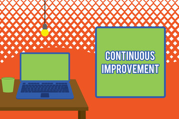 Writing note showing Continuous Improvement. Business concept for ongoing effort to improve products or processes Front view open laptop lying on wooden desktop light bulb falling glass