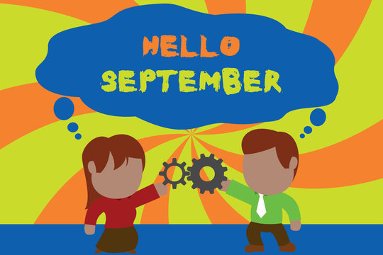 Text sign showing Hello September. Business photo showcasing Eagerly wanting a warm welcome to the month of September Standing young couple sharing gear. Man tie woman skirt commerce relation