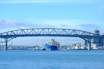 Cargo ship travel pass Auckland harbor bridge in New Zealand