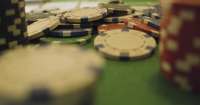 Casino Token / Chips / Checks Dropping On Casino Table - Poker, Roulette, Blackjack - Slow Motion