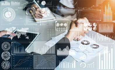 Big Data Technology for Business Finance Analytic Concept. Modern graphic interface shows massive...