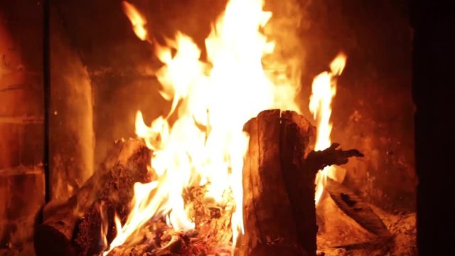 Fire in a hearth on a forest house.