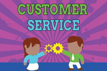 Conceptual hand writing showing Customer Service. Concept meaning process of ensuring client satisfaction with product Young couple sharing gear Man tie woman skirt relation
