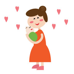 A happy mother presses her baby to her. Mom and baby on a white background. Vector illustration.