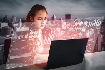Big Data Technology for Business Finance Analytic Concept. Modern graphic interface shows massive...