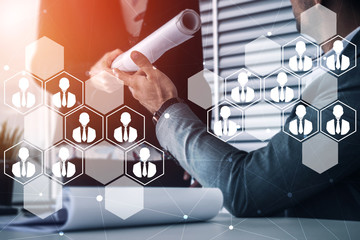 Human Resources Recruitment and People Networking Concept. Modern graphic interface showing...