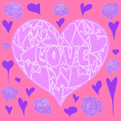 Pink heart with small hearts inside with a white contour and the inscription 