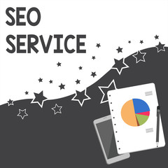 Text sign showing Seo Service. Business photo showcasing techniques and procedures to increase the website visibility Layout Smartphone Off Ballpoint Pen RingBound Notepad Business Pie Chart