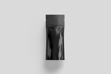 Blank black Foil Or Paper Food Pouch Snack Sachet Bag Packaging with label Mock up.Realistic photo.3D rendering
