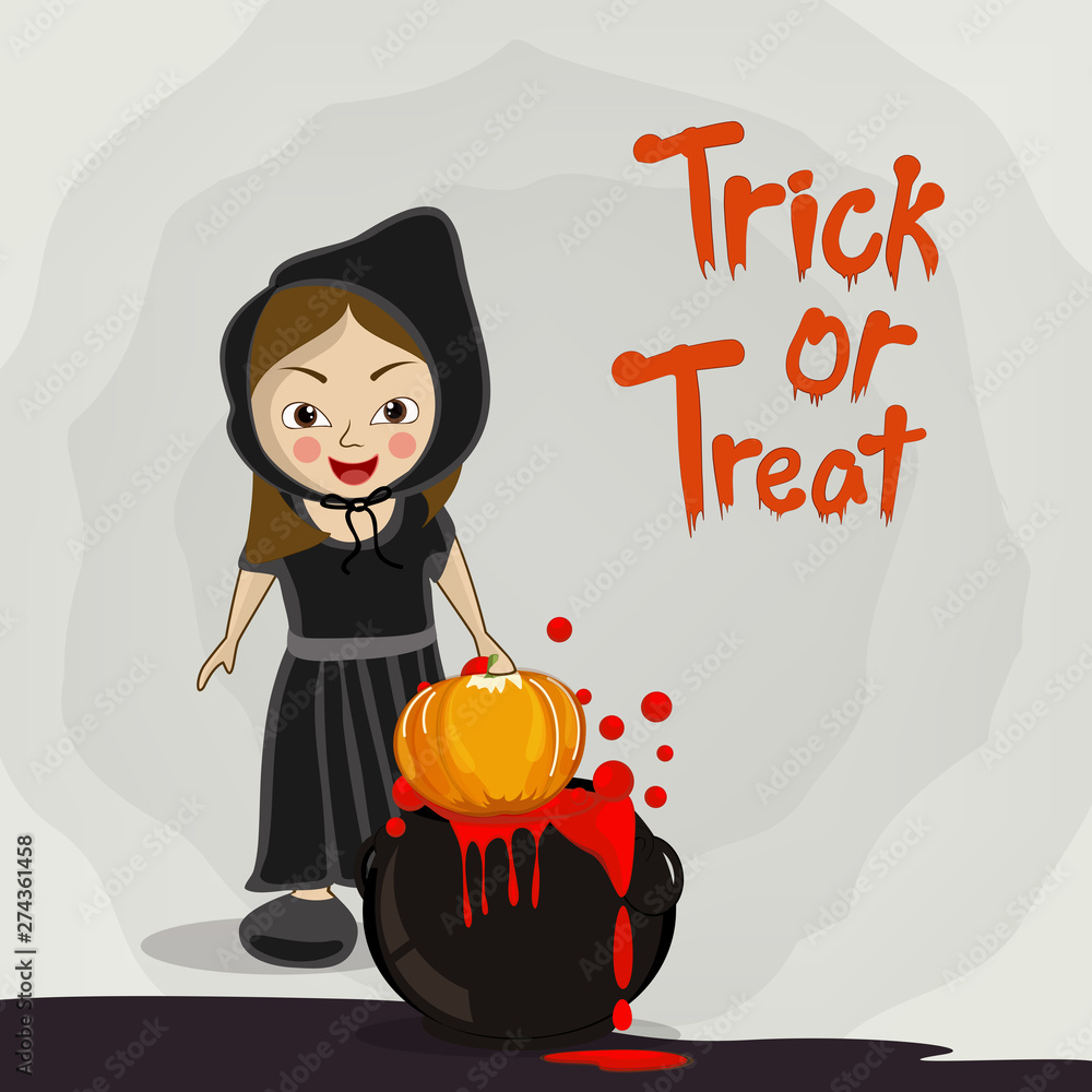 Sticker trick or treat party celebration poster, banner or invitation with witch, pumpkin and blood pot.