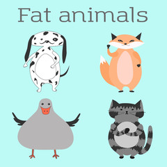 Vector set of fat animals in cartoon style. A cute Dalmatian puppy, a fat fox raised his right fist, a gray duck spread its small wings, a gray tabby cat folded the packs together. EPS10