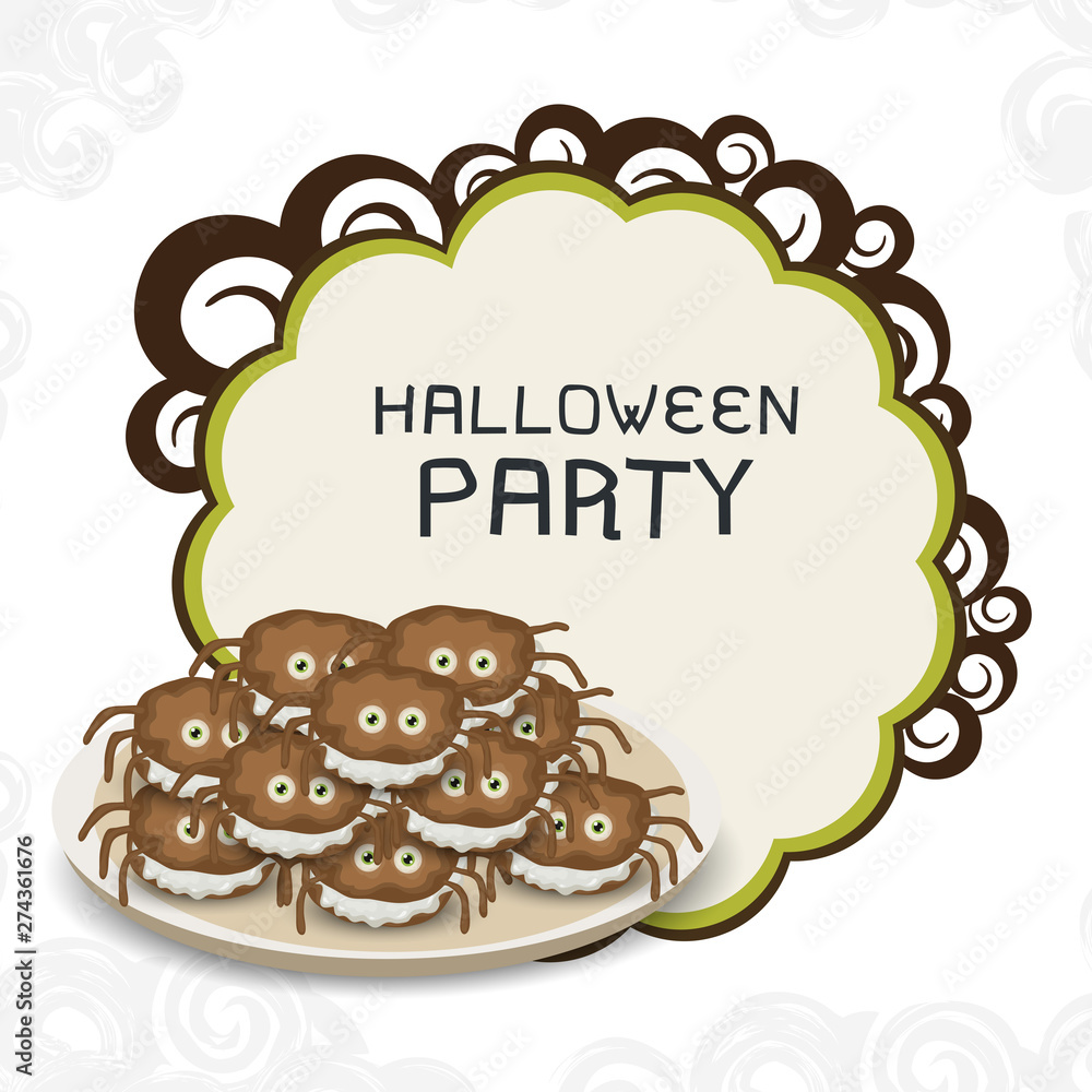 Canvas Prints Halloween party celebration poster, banner or flyer with scary spider cakes in a plate.