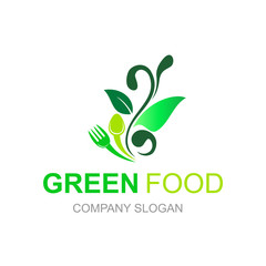 restaurant logo with leaf design illustration, spoon and fork icon, cutlery design template