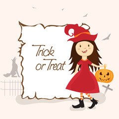 Trick Or Treat party celebration with girl wearing pilgrim hat,
