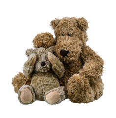 bear baby doll sitting on mother bear doll and hugging each other showing love and concern in the family