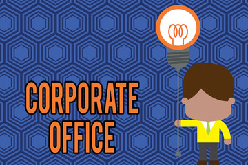 Writing note showing Corporate Office. Business concept for home department that support primary departments indirectly Standing man tie holding plug socket light bulb Idea Startup