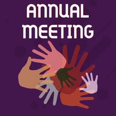 Writing note showing Annual Meeting. Business concept for yearly meeting of the general membership of an organization Hand Marks of Different Sizes for Teamwork and Creativity