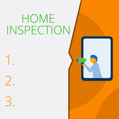 Writing note showing Home Inspection. Business concept for Examination of the condition of a home related property Geometrical background man chest holding megaphone speech bubble