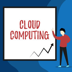 Word writing text Cloud Computing. Business photo showcasing use a network of remote servers hosted on the Internet View young man standing pointing up blank rectangle Geometric background