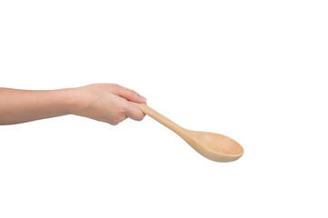 Housekeeper hand holding Wooden ladle isolated on white backround
