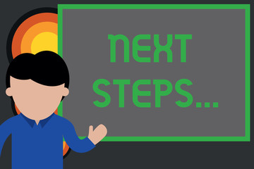Text sign showing Next Steps. Business photo showcasing something you do or plan after you ve finished something else Young man standing in front whiteboard pointing to project. photo Art