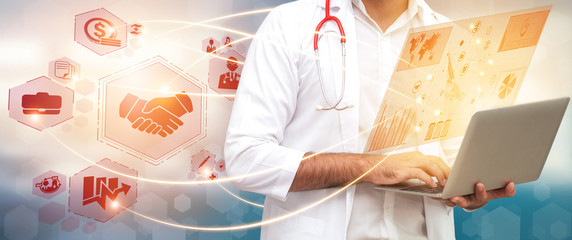 Health Insurance Concept - Doctor in hospital with health insurance related icon graphic interface...