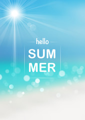 Blurred Hello Summer Background with Bokeh Effect - Illustration with Lighting Sun and Sandy Beach and Turquoise Sea, Vector