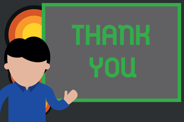 Text sign showing Thank You. Business photo showcasing a polite expression used when acknowledging a gift or service Young man standing in front whiteboard pointing to project. photo Art